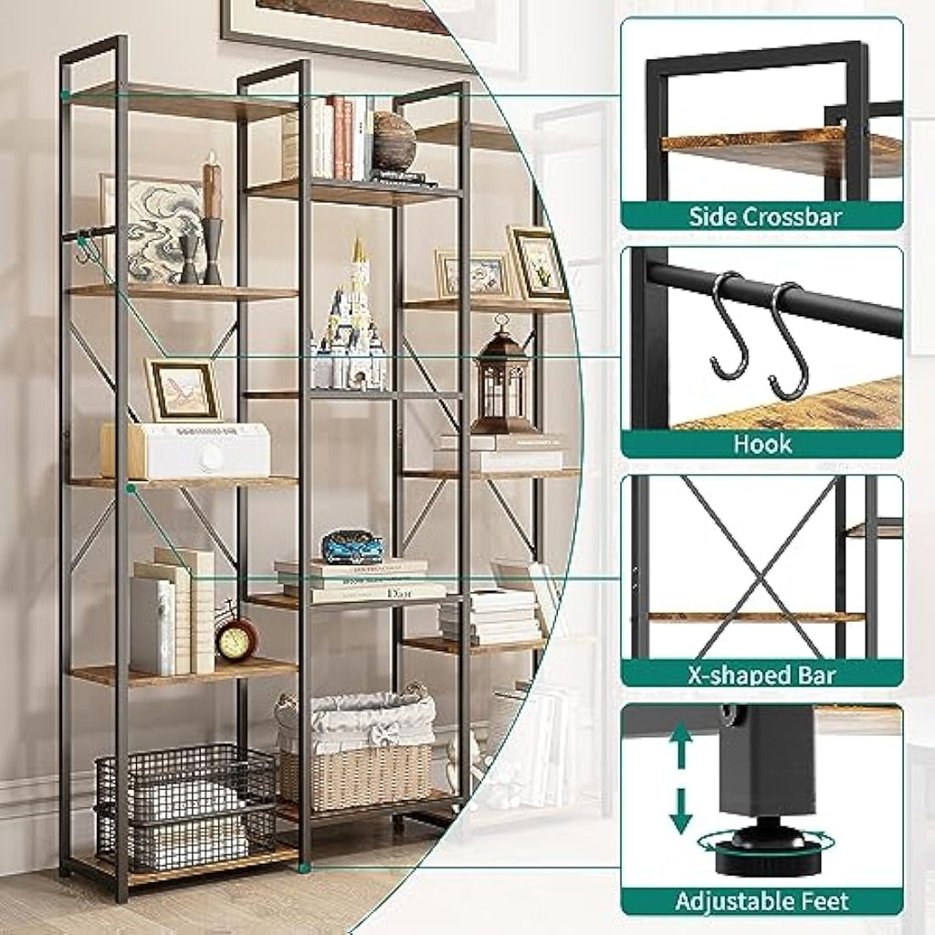 YITAHOME 14-Shelf Triple Wide Industrial Bookcase | Rustic Brown & Metal