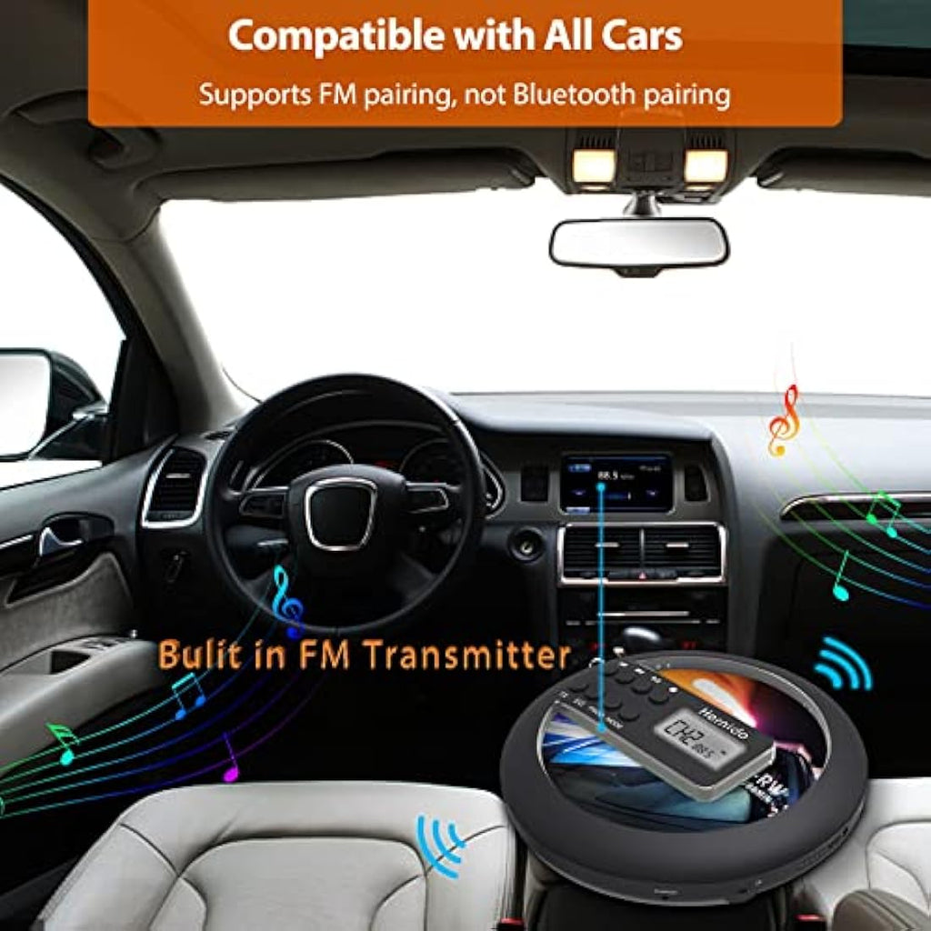 Hernido Portable CD Player for Car | Rechargeable Walkman with FM Transmitter