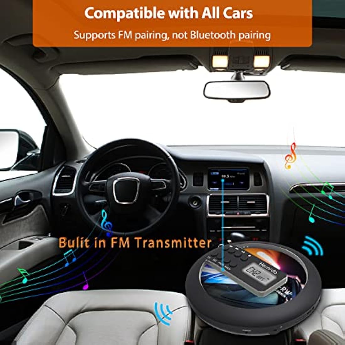 Hernido Portable CD Player for Car | Rechargeable Walkman with FM Transmitter