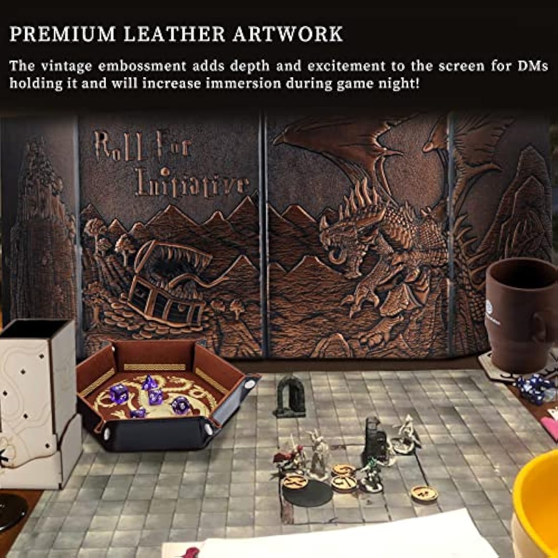 Faux Leather DM Screen – 4-Panel Embossed Dragon & Mimic