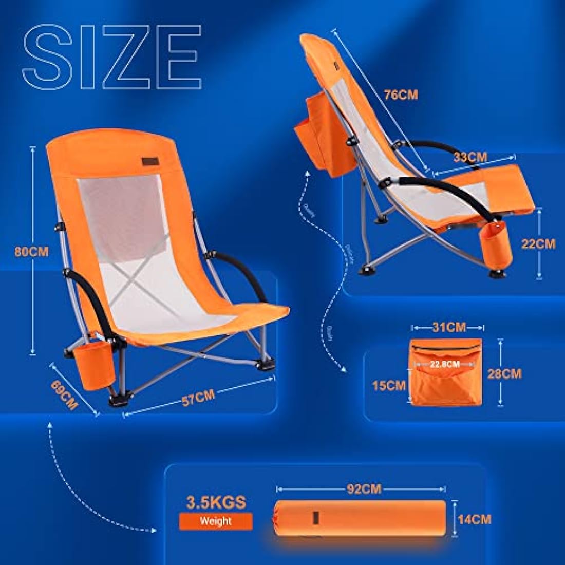 Nice C High Back Beach Camping Chair with Cooler Bag & Cup Holder – Orange