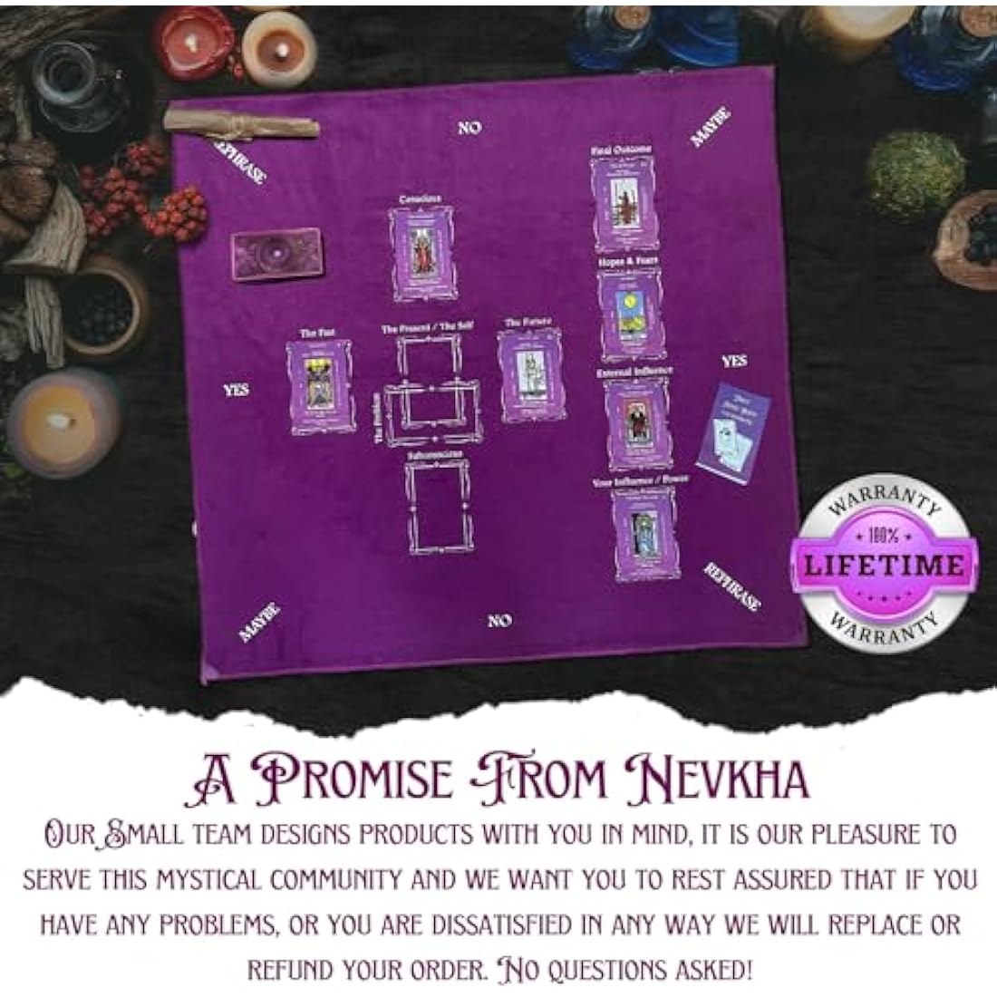 Nevkha Tarot Divination Cloth | Purple Velvet Celtic Cross Mat | 27x27"