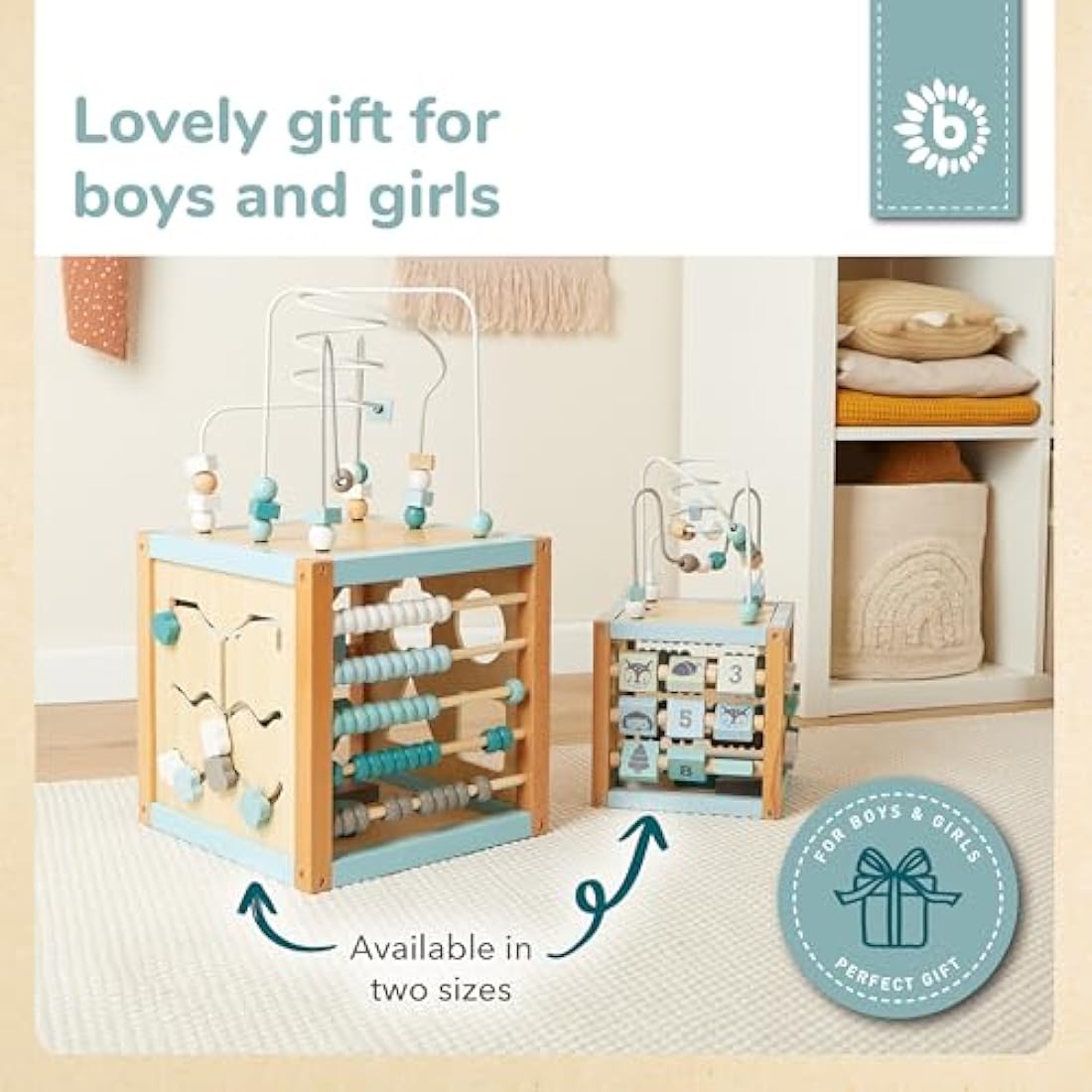 Bieco Wooden Motor Skills Activity Cube – Scandi-Chic Baby Toy from 1 Year