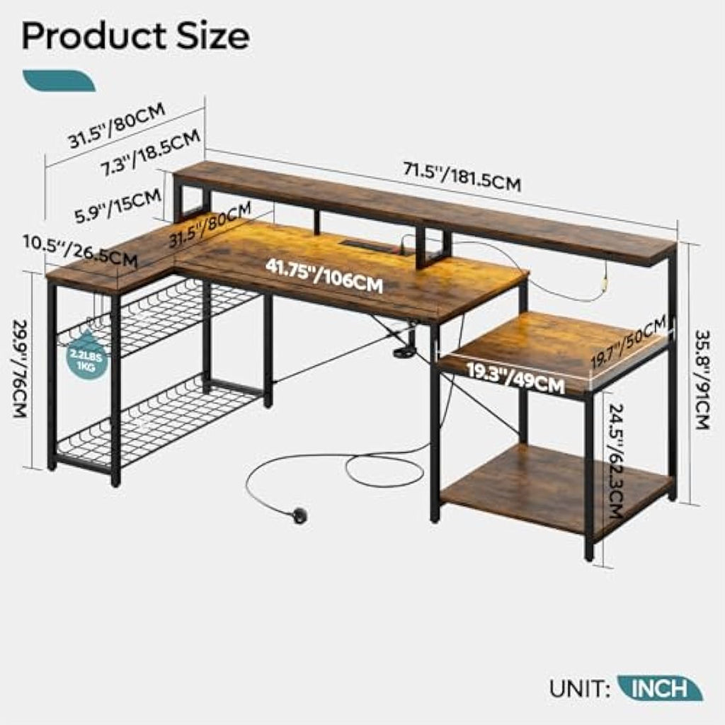 Bestier 181cm L-Shaped Gaming Desk with LED Lights and Power Outlets