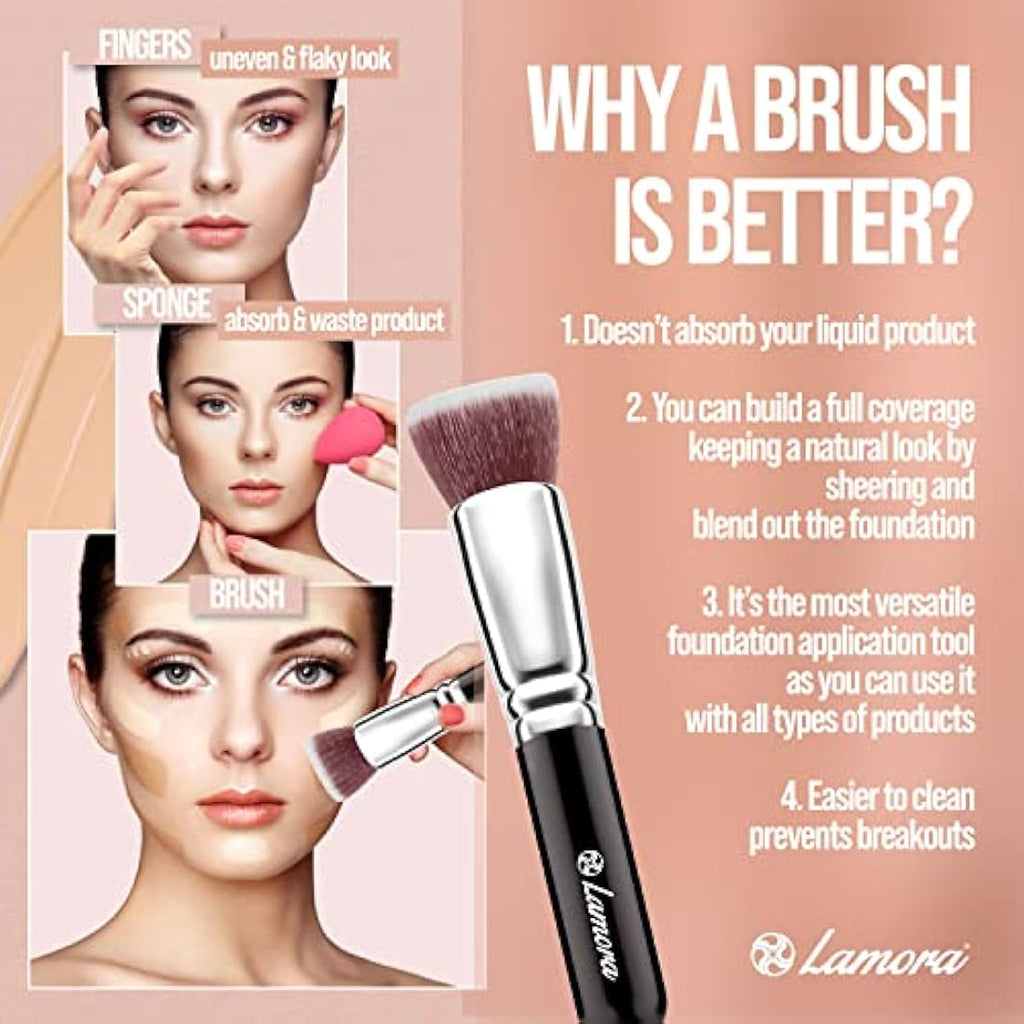 Lamora Flat Top Kabuki Foundation Brush – Synthetic Bristles for Liquid
