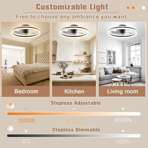 VOLISUN 60cm Smart Ceiling Fan with Lights - 6-Speed Dimmable LED, Black