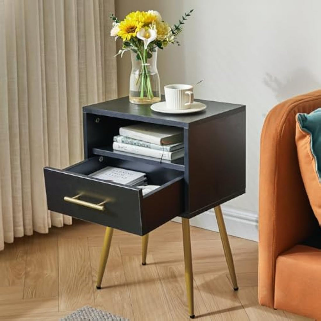 IBUYKE Mid-Century Modern Nightstand | 2-Tier Black End Side Table