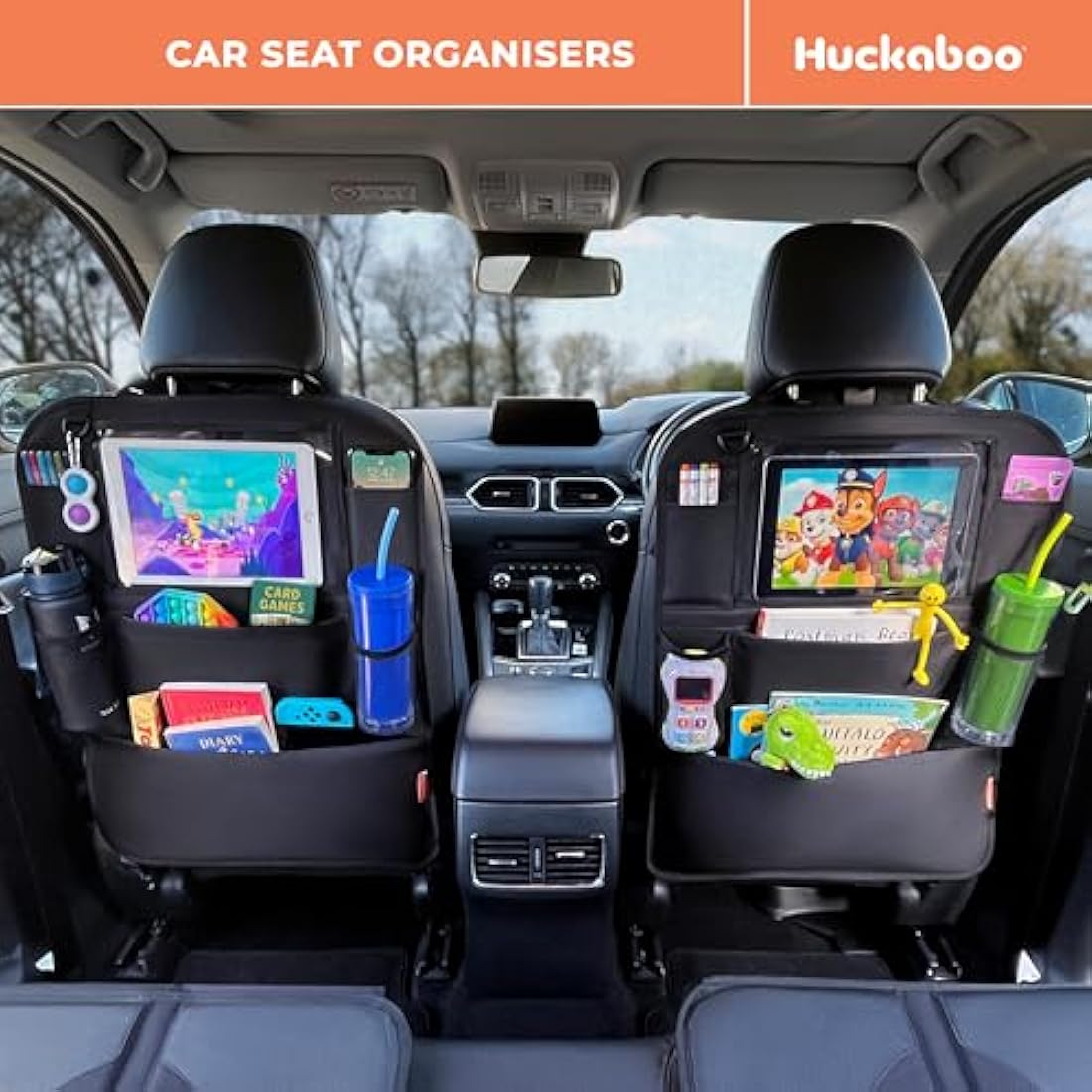 Huckaboo Car Seat Organiser – Kids Backseat Storage & Tablet Holder, 2 Pack
