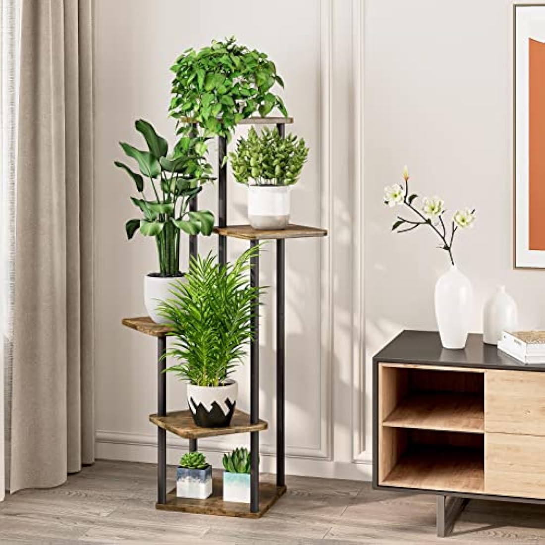 VASZOLA 5-Tier Pflanzenregal – Holz & Metall Blumenständer Schwarz