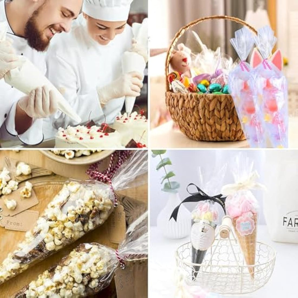 200pcs Clear Cellophane Cone Bags with Ties for Sweets & Gifts