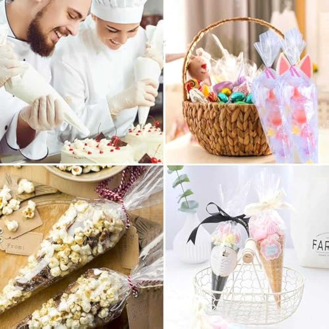 200pcs Clear Cellophane Cone Bags with Ties for Sweets & Gifts