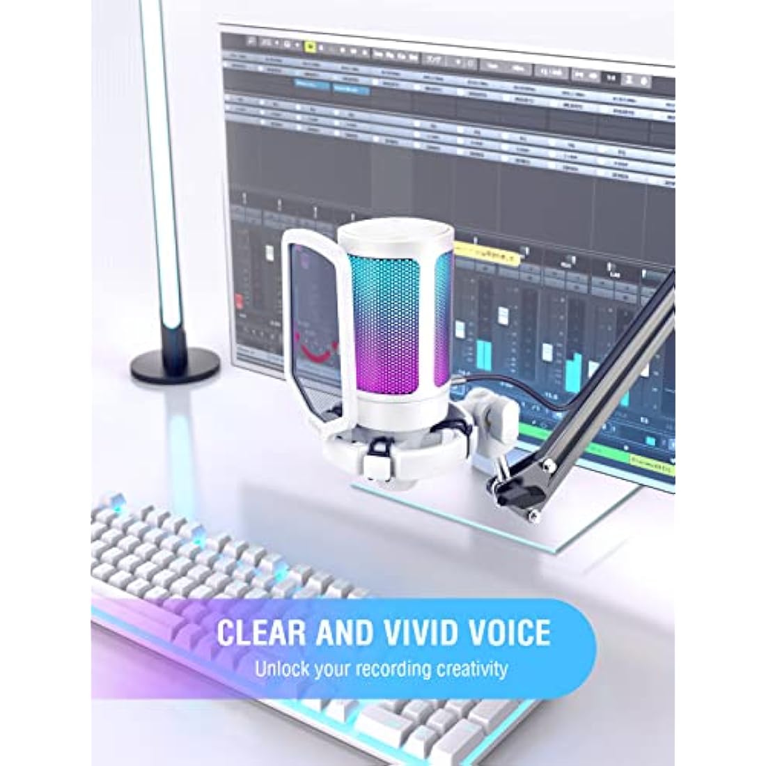 FIFINE A6V USB Gaming Microphone – RGB Condenser Mic with Shock Mount, White