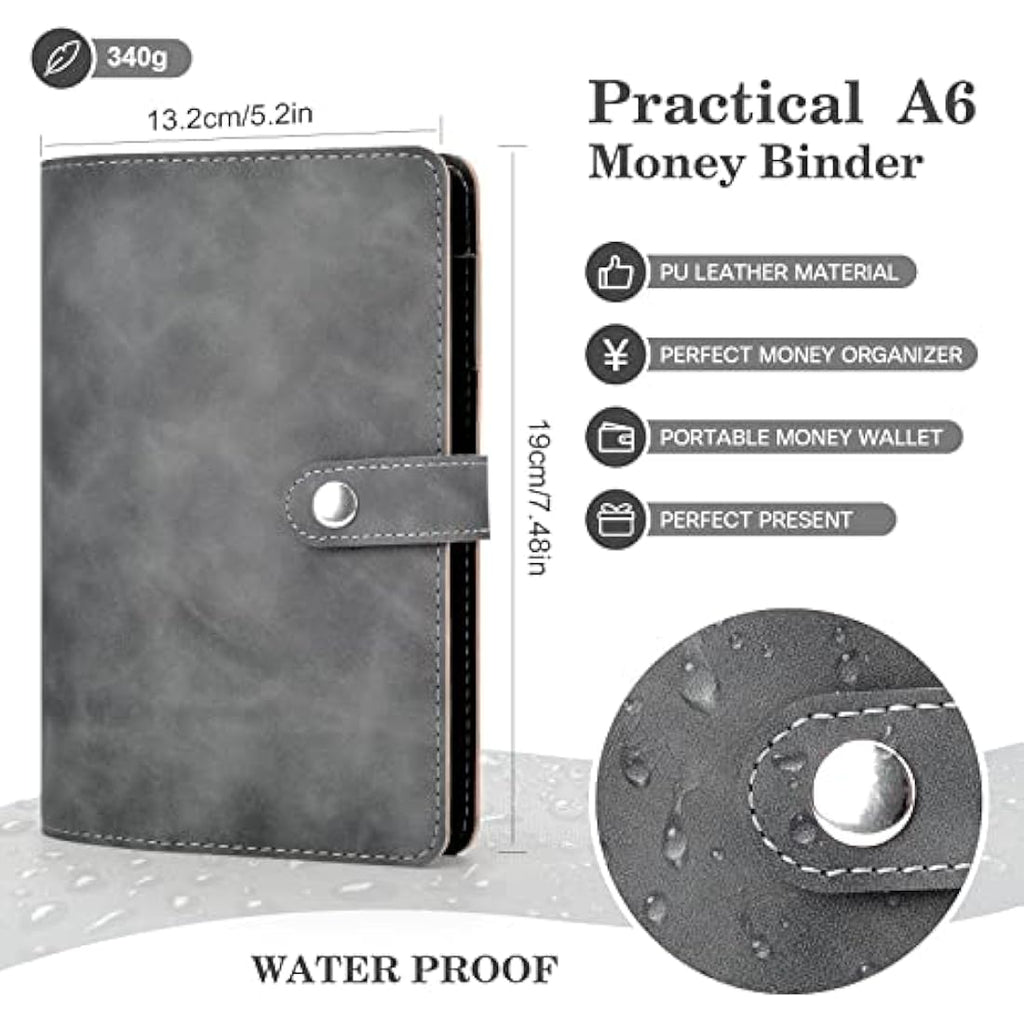 TOYESS A5 Leather Budget Binder - 30 Piece Cash Envelope System, Grey