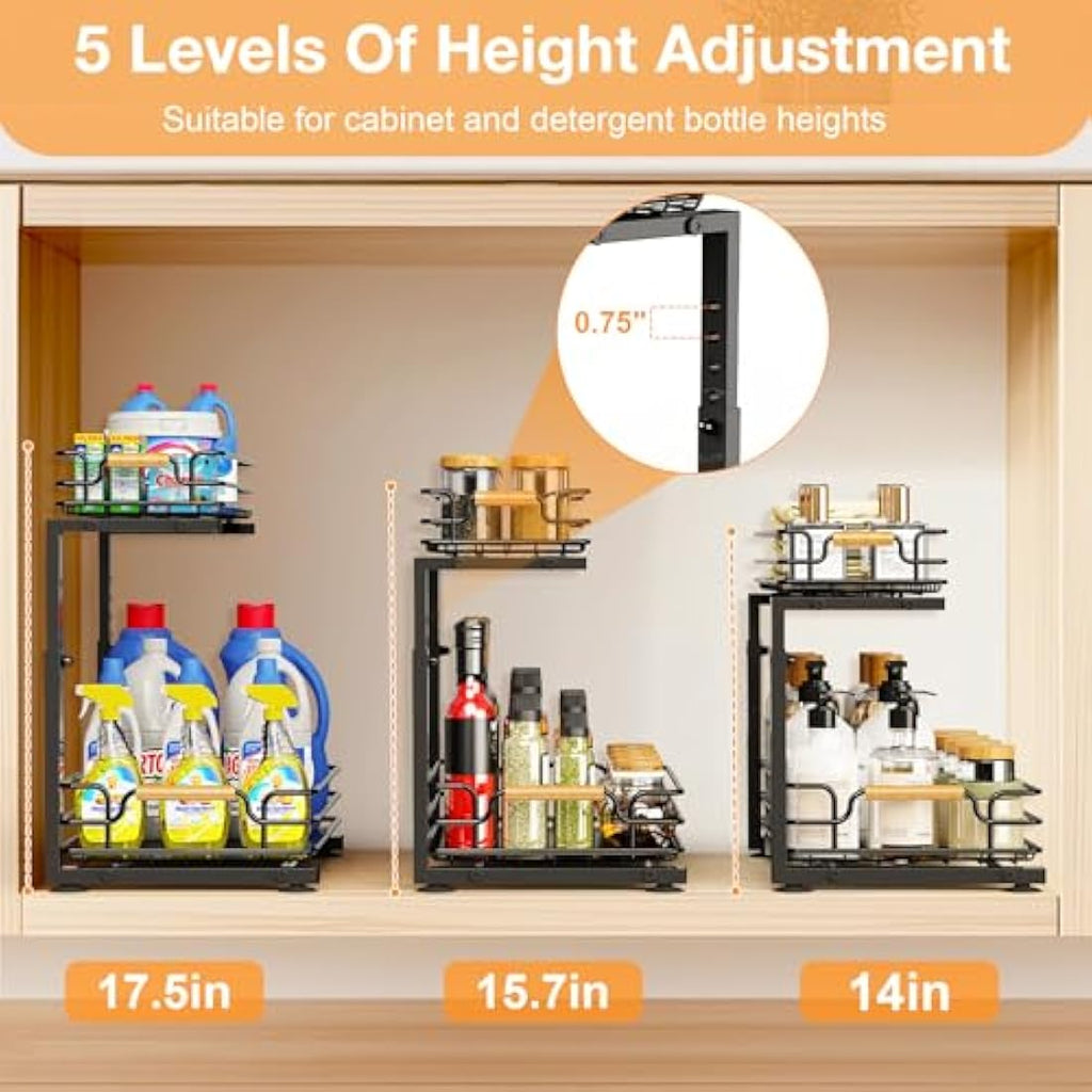 JYPS 2-Tier Under Sink Organiser – Adjustable Metal Sliding Storage Shelf