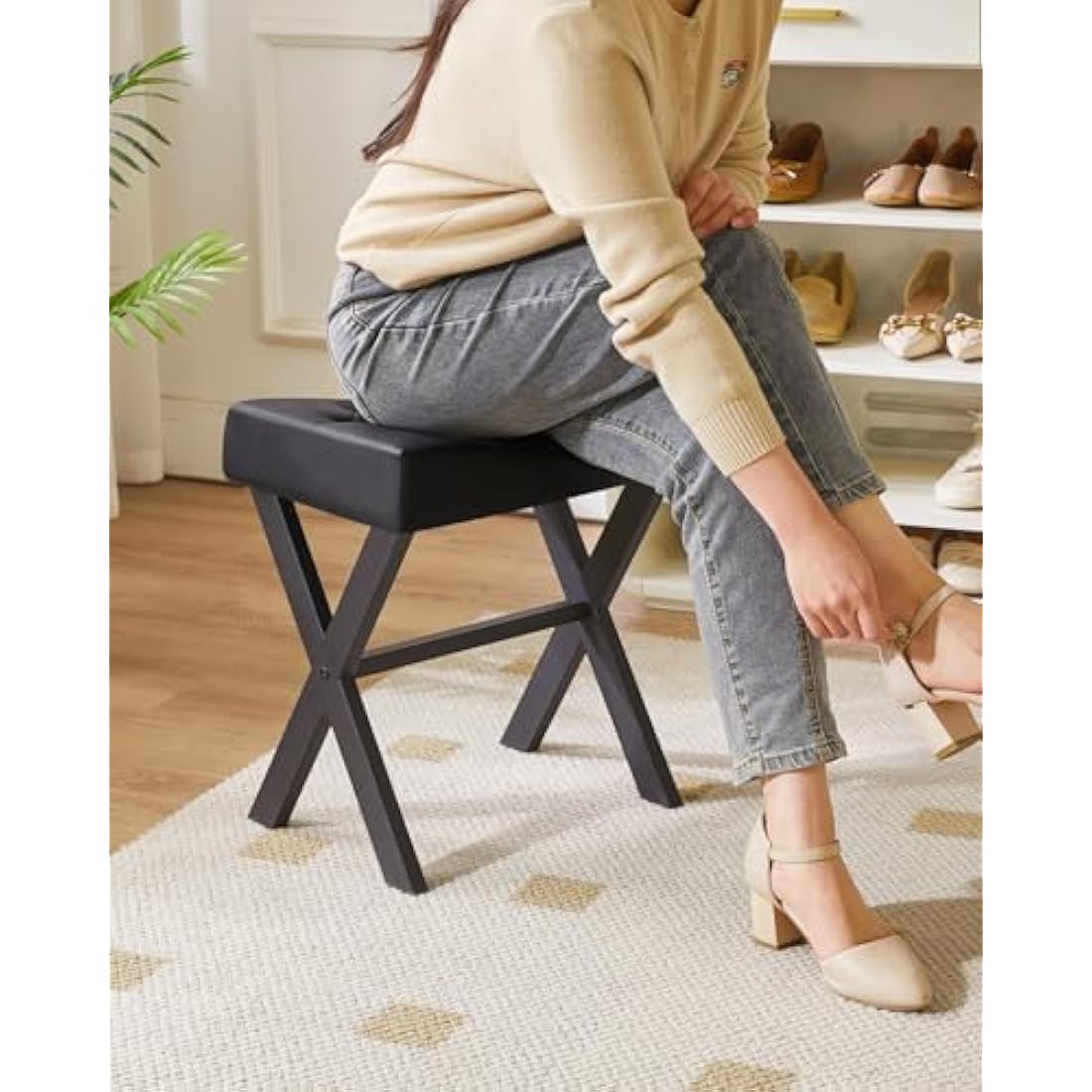 IBUYKE U-Shaped PU Leather Vanity Stool - Black X-Leg Makeup Ottoman
