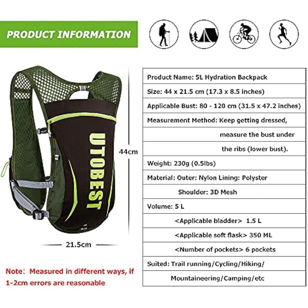 UTOBEST 5L Lightweight Running Vest | Ultralight Hydration Backpack