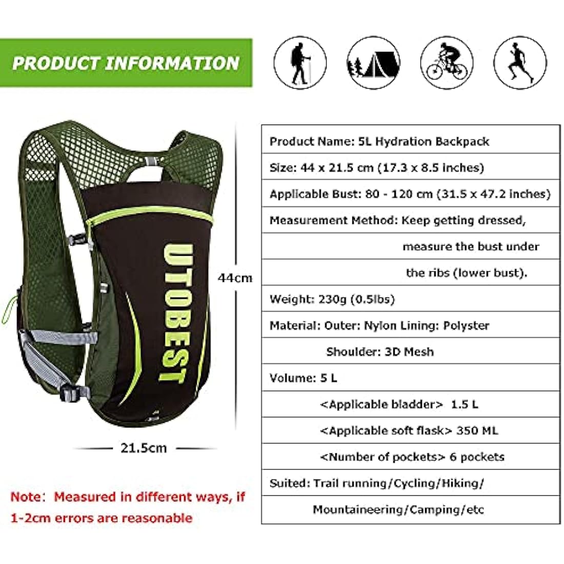 UTOBEST 5L Lightweight Running Vest | Ultralight Hydration Backpack