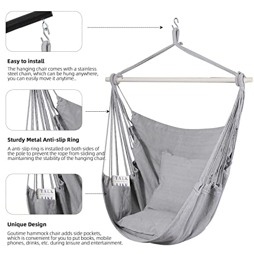 Goutime Hammock Chair Swing with 2 Pillows and Metal Support Bar - Gray