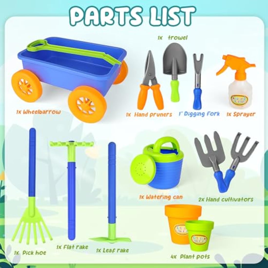 deAO Kids Gardening Tool Set – Toy Wheelbarrow & 10 Accessories