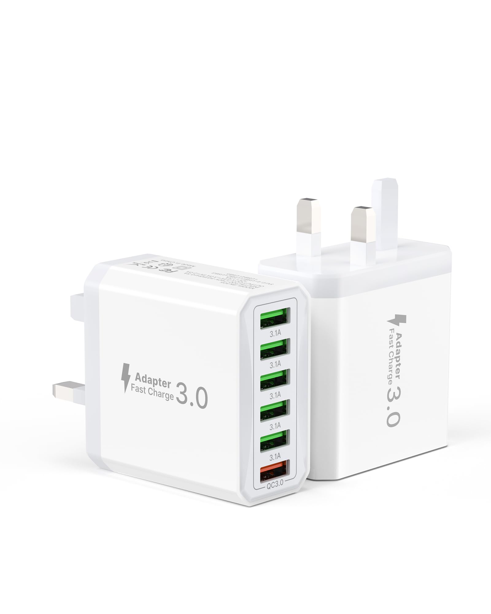 33W 6-Port USB Plug UK – QC 3.0 Fast Wall Charger (2 Pack)