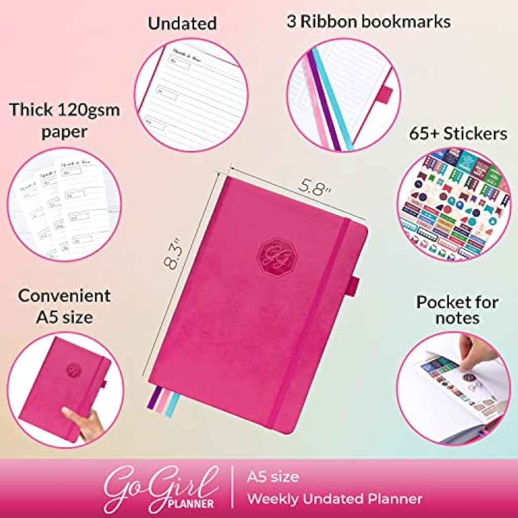 GoGirl Undated Weekly Planner – A5 Eco-Leather Goal Journal, Hot Pink