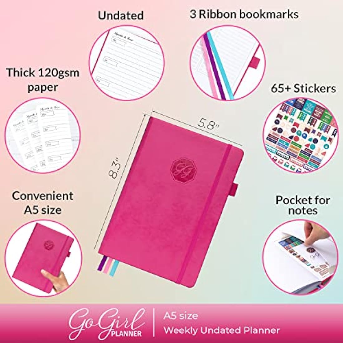GoGirl Undated Weekly Planner – A5 Eco-Leather Goal Journal, Hot Pink
