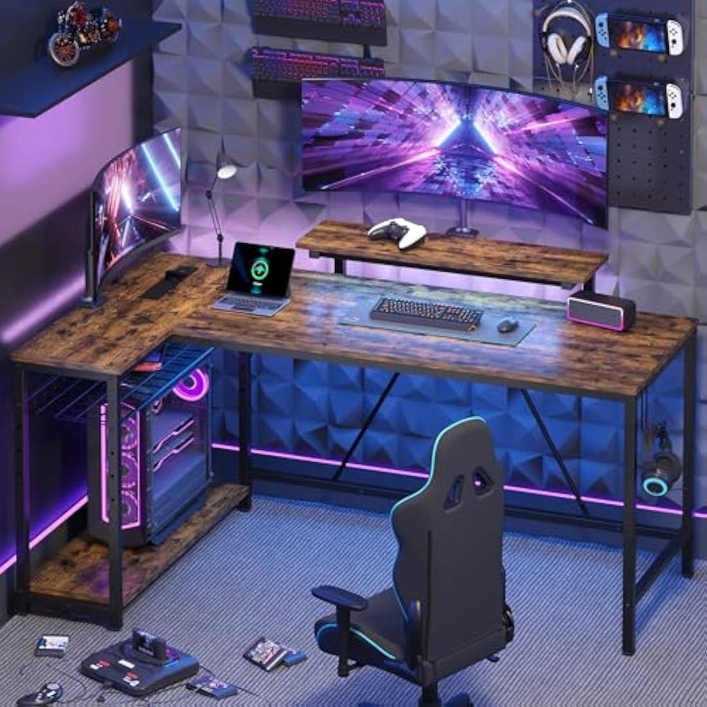 147CM L-Shaped Gaming Desk with LED Lights & Power Outlets
