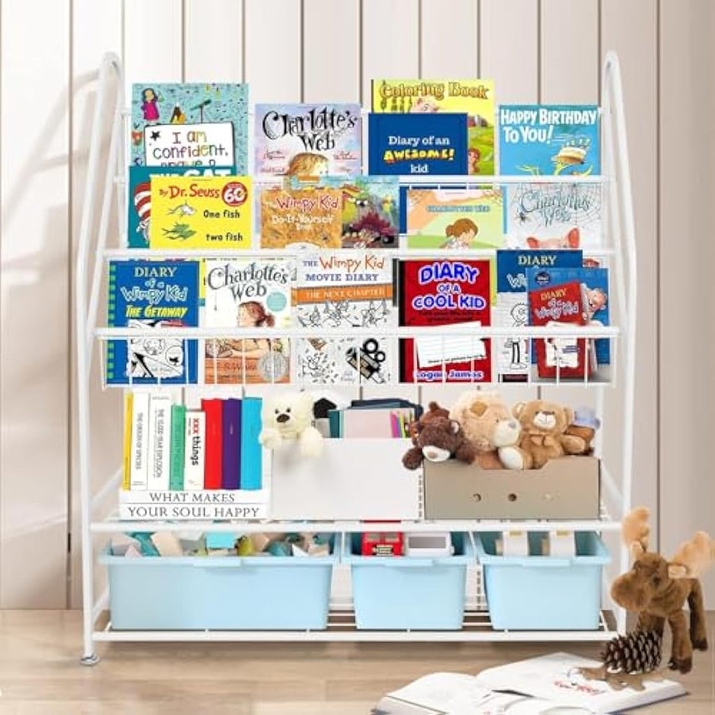 Kids Bookshelf – Metal Book and Toy Storage Organizer, White