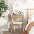 YOURLITE Makeup Vanity Set with LED Mirror, Stool & Drawer - Wood Color