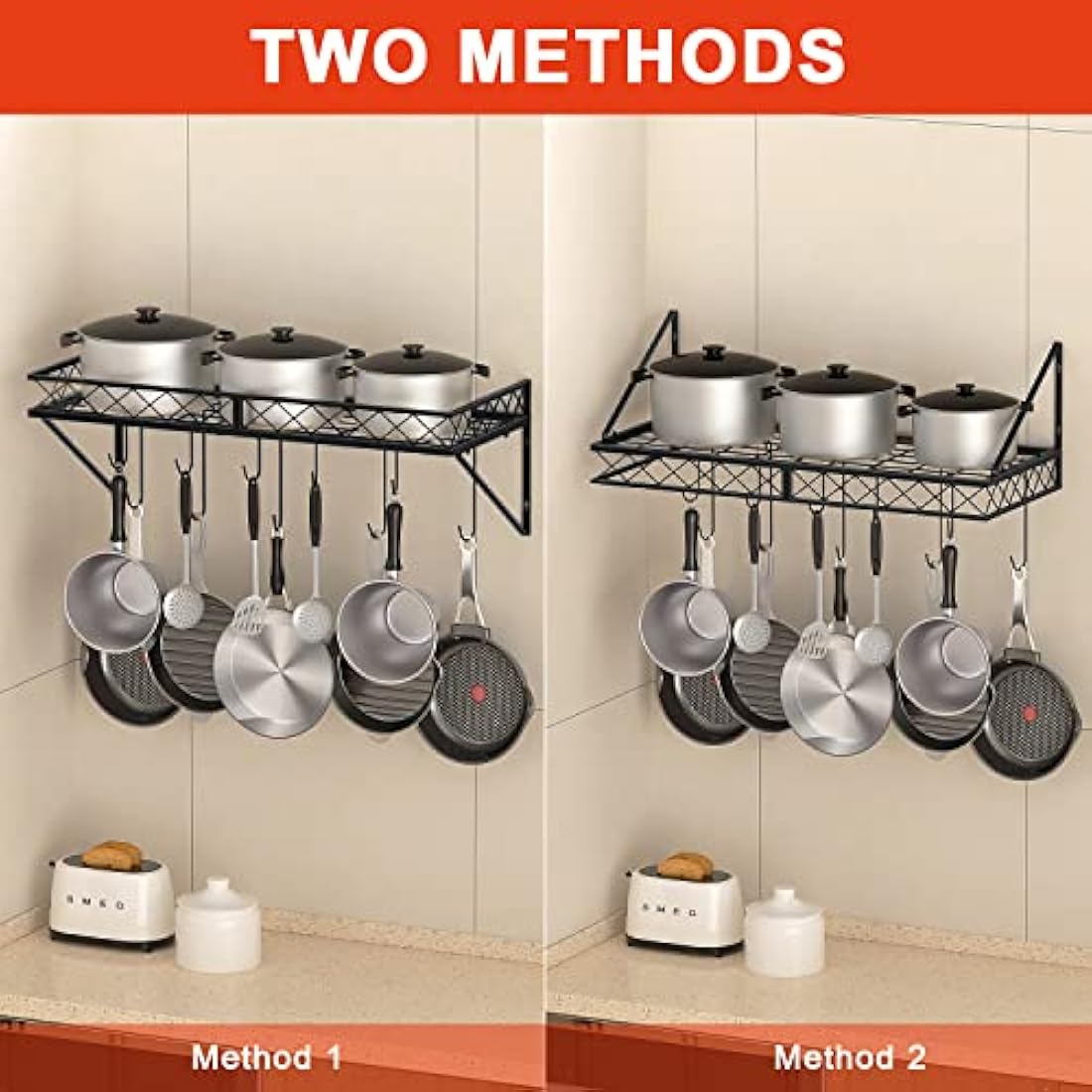 Mutool 70CM Wall Mount Pot Pan Rack | Metal Kitchen Shelf with 10 Hooks