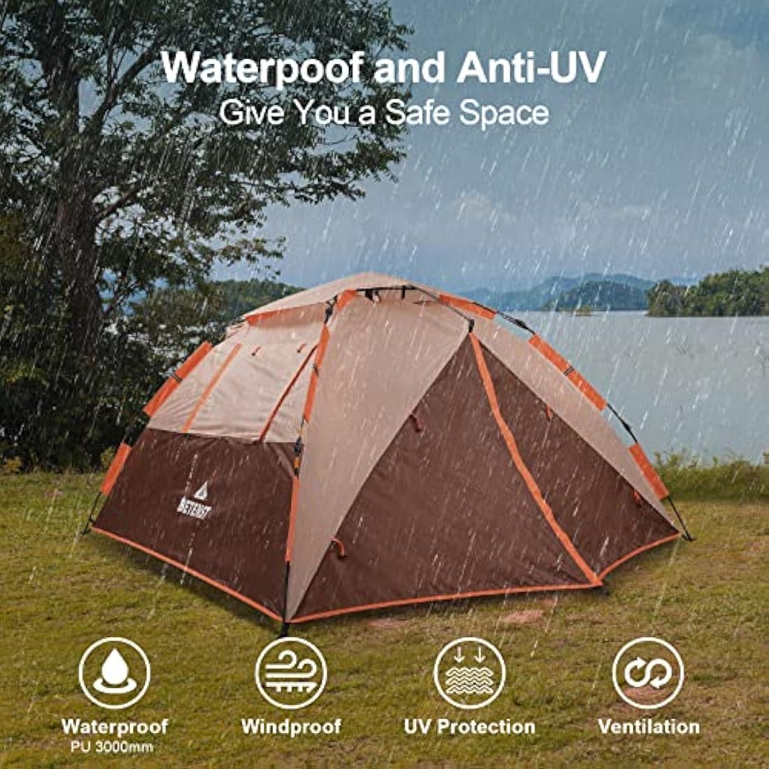 BETENST 3 Person Pop Up Camping Tent | Waterproof 2-in-1 Family Dome