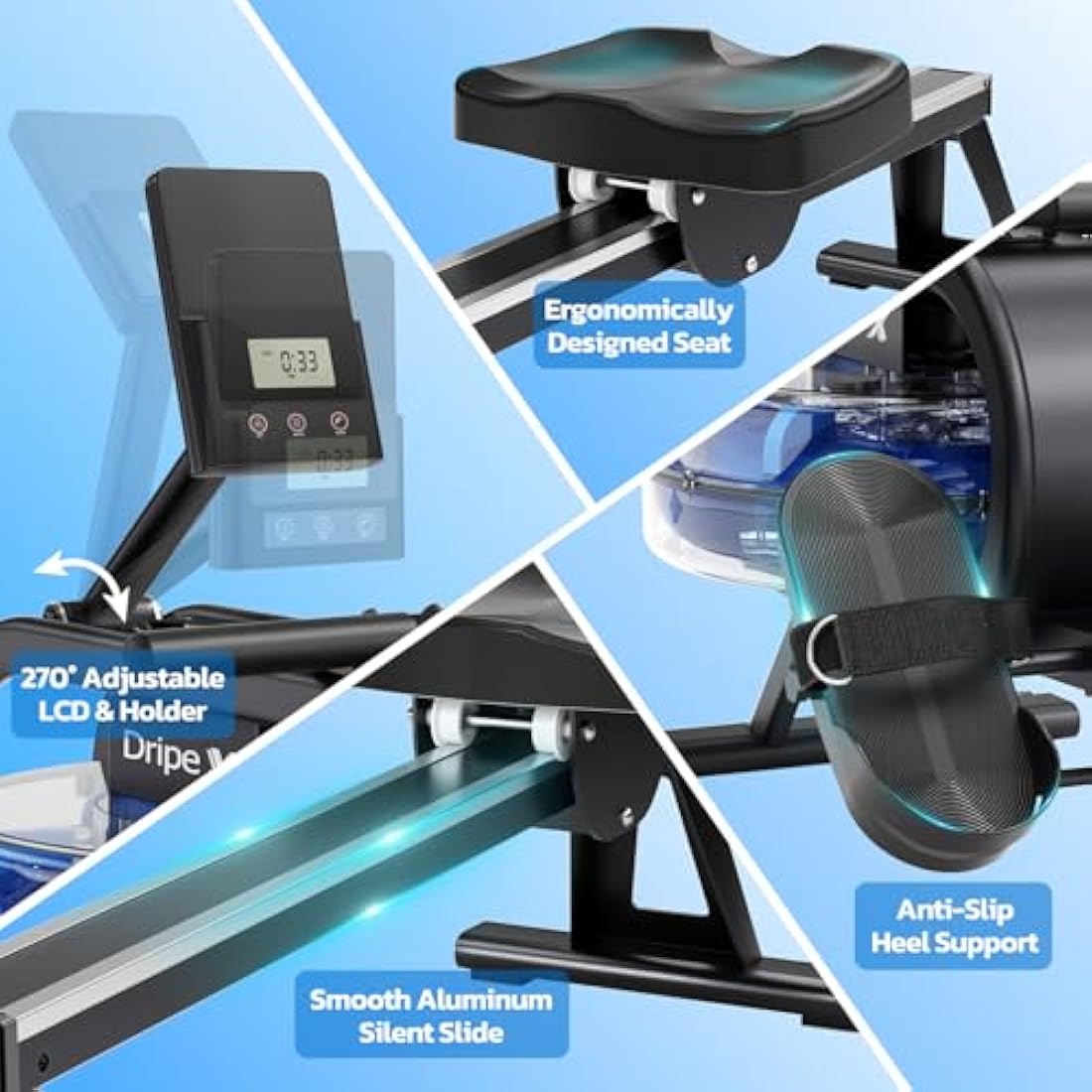 Dripex Water Rowing Machine – 6 Resistance Levels & Aluminum Slide Rail