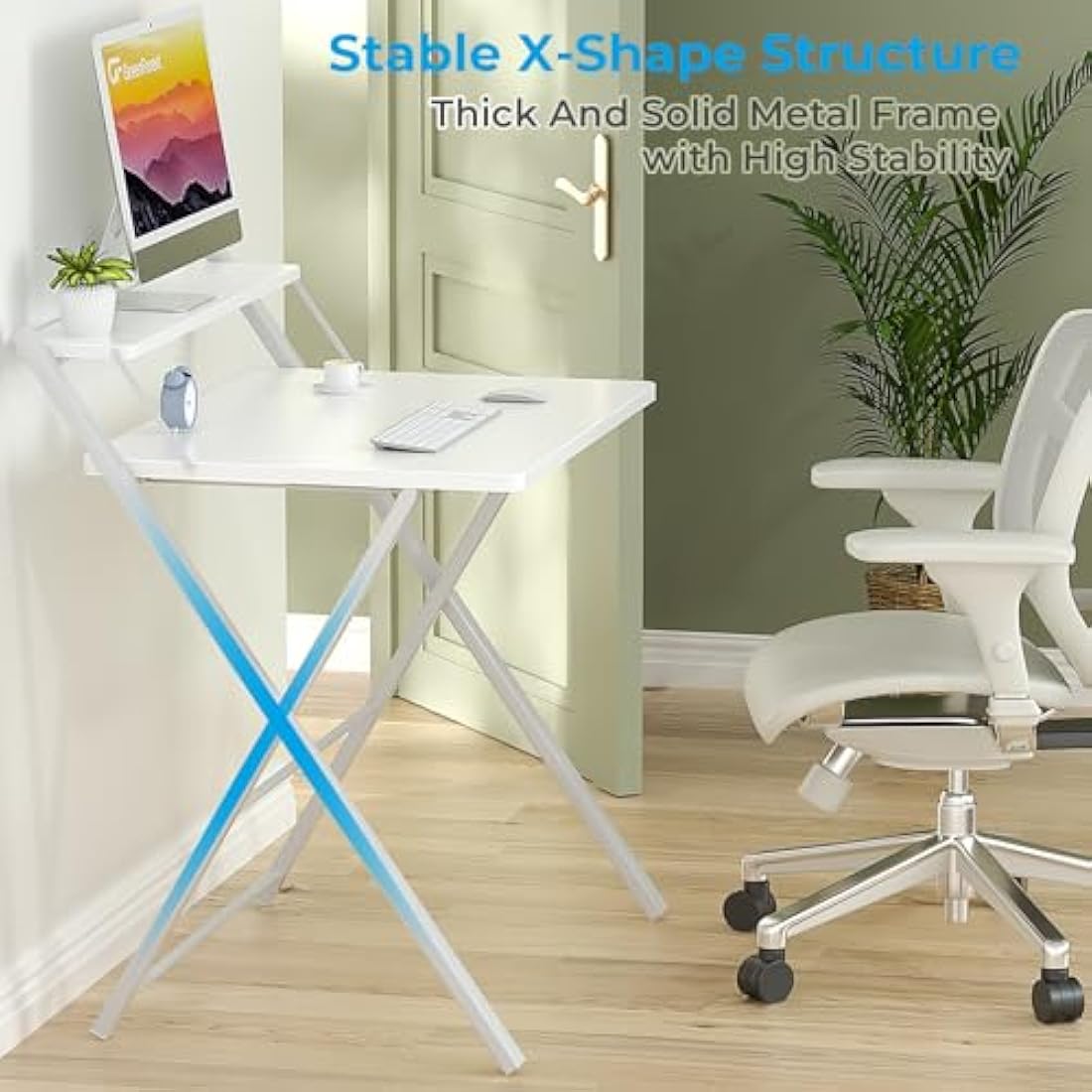 Folding Computer Desk with Monitor Shelf - White