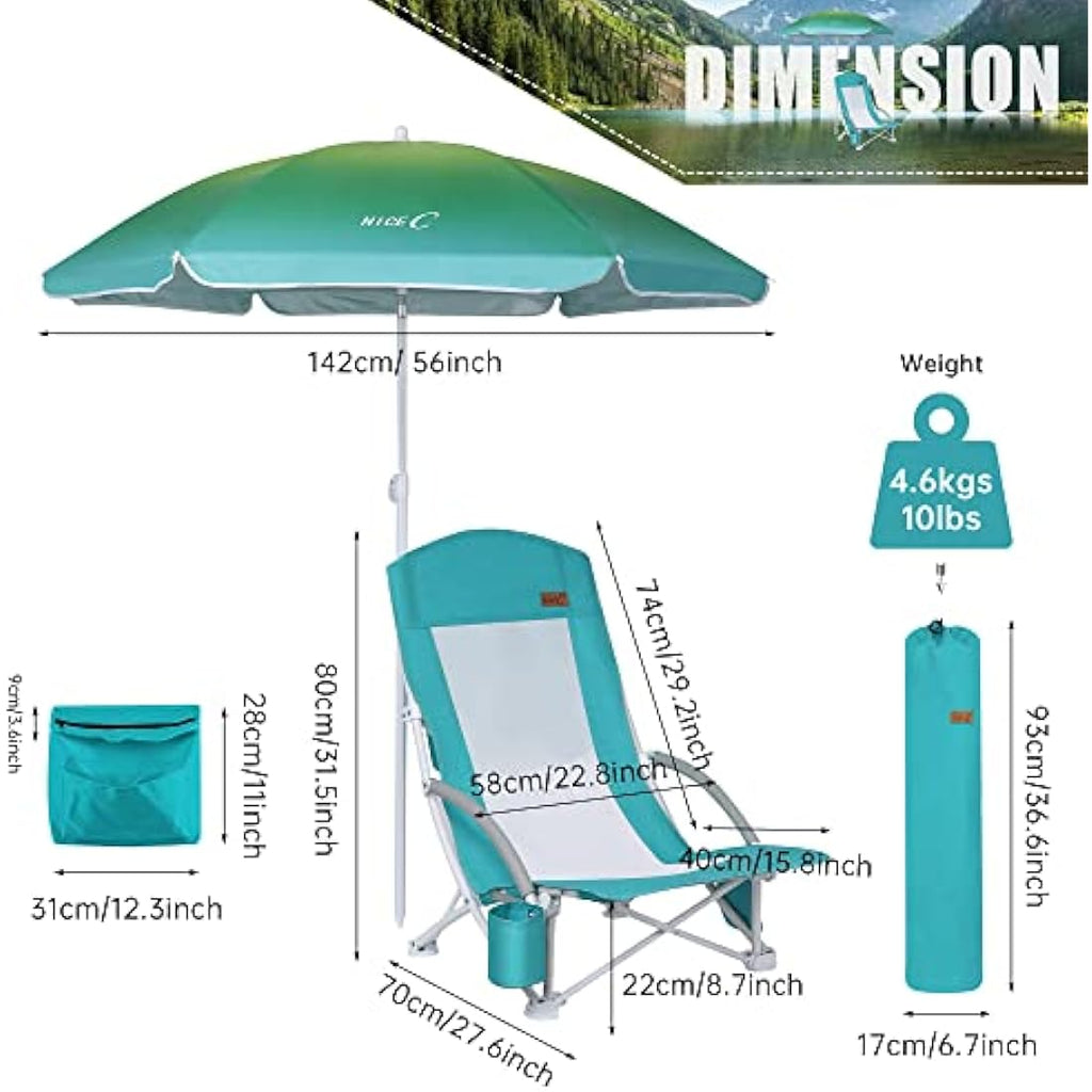 Nice C High Back Beach Chair with UPF 50 Umbrella and Cooler Bag – Blue