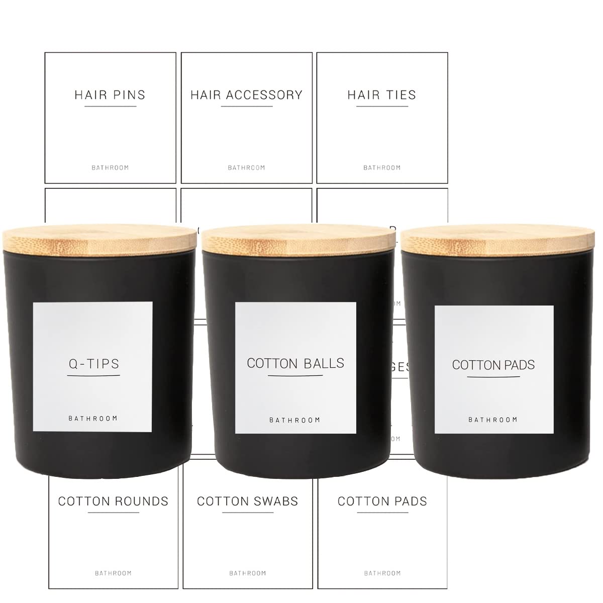 Jolof Store Glass Bathroom Canisters - 3PC Set with Wood Lids & Labels