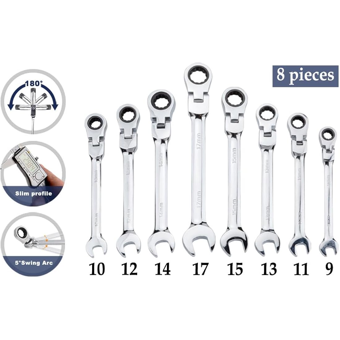Qnkaa 8-Piece Flex-Head Ratchet Wrench Set – 9-17mm Metric Spanners