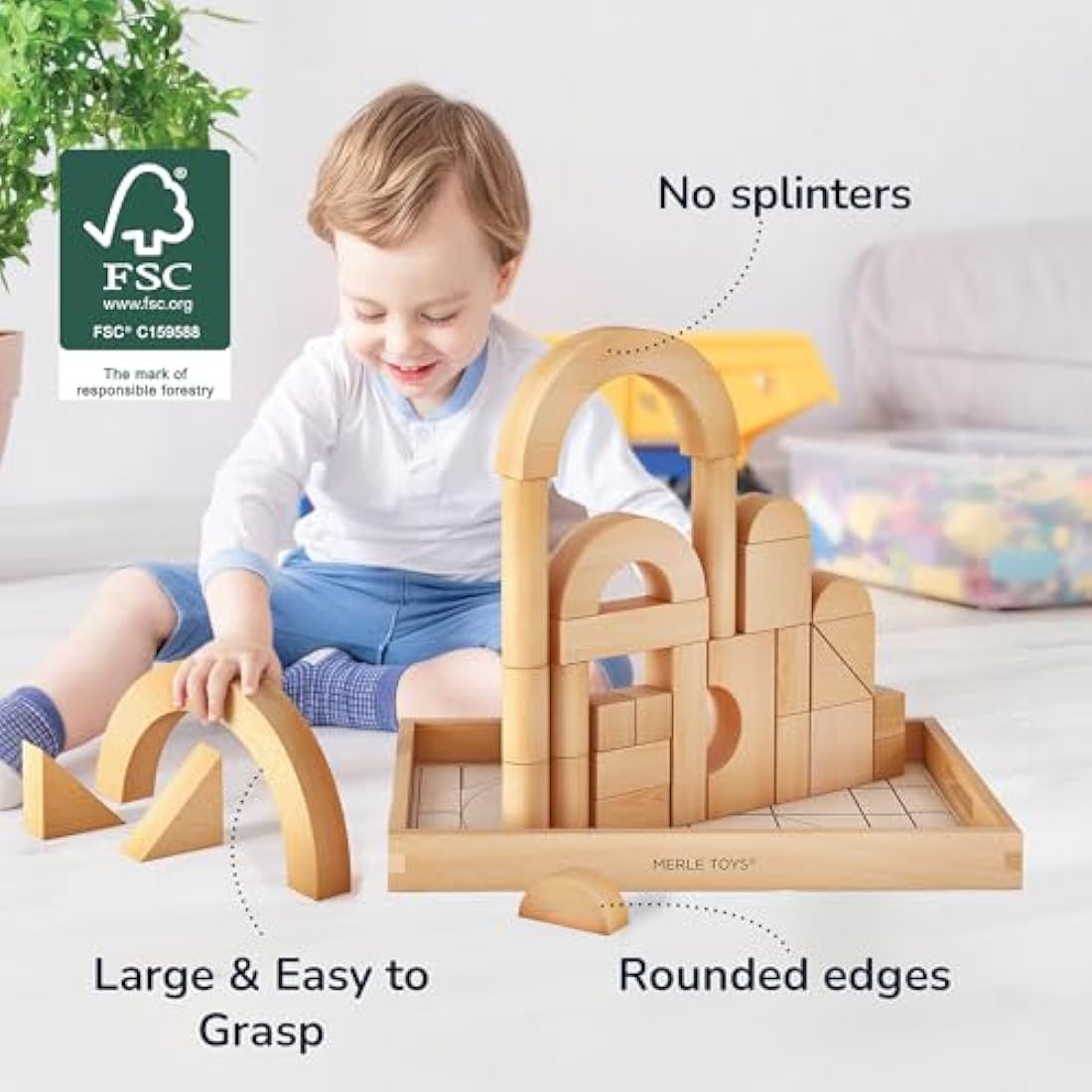 Merle Toys Wooden Building Blocks – 30pc Montessori FSC Beechwood Set