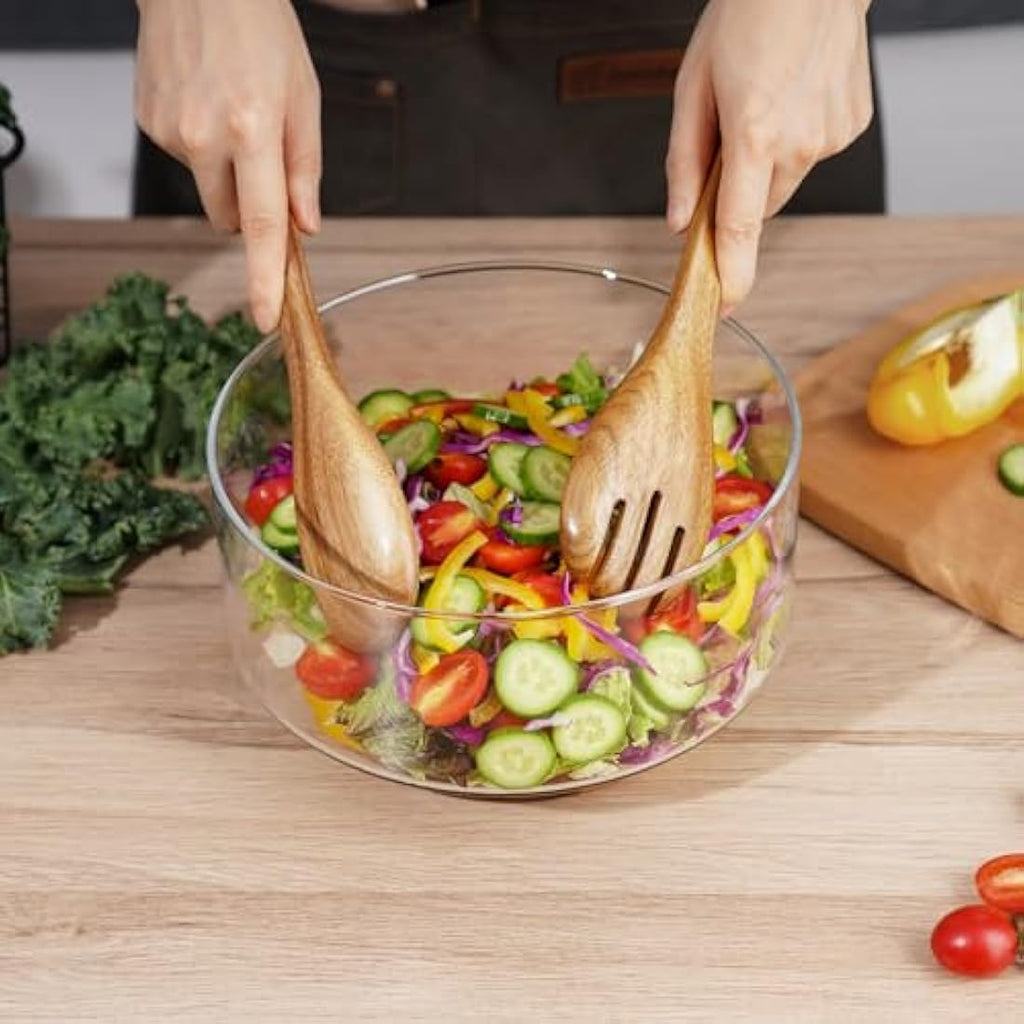 NiHome 3600ML Glass Salad Bowl with Acacia Wood Base and Tongs