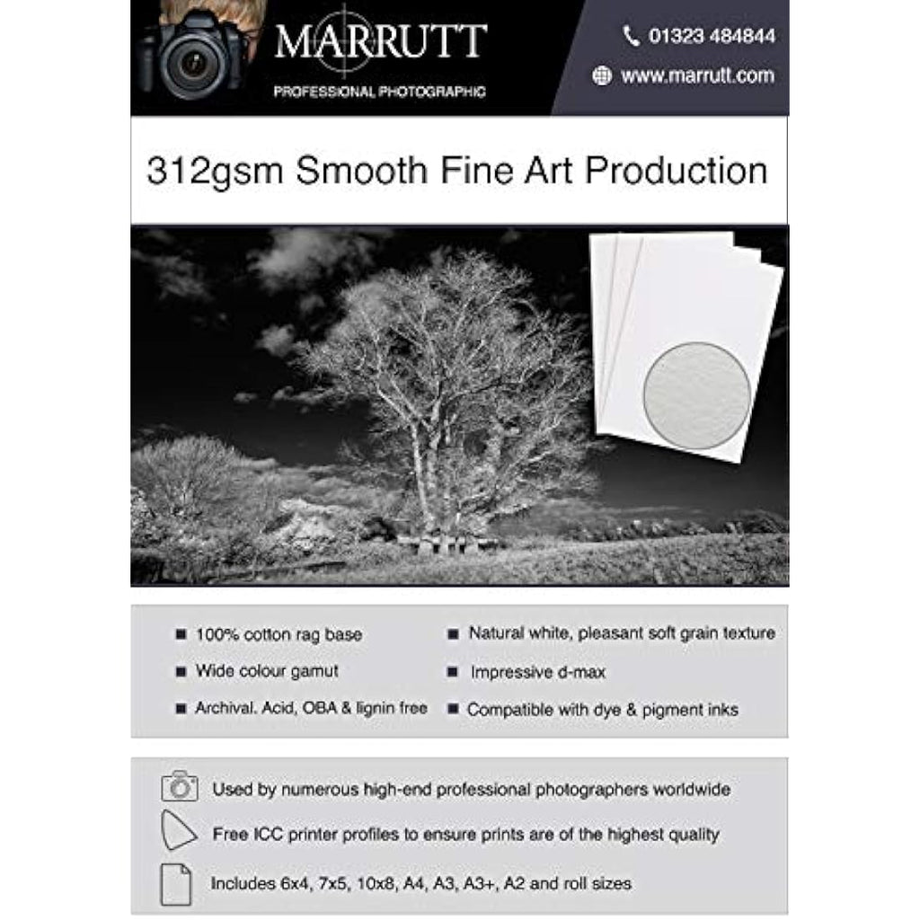 Marrutt 312gsm Smooth Fine Art Inkjet Photo Paper - A4 Cotton Rag 50 Sheets