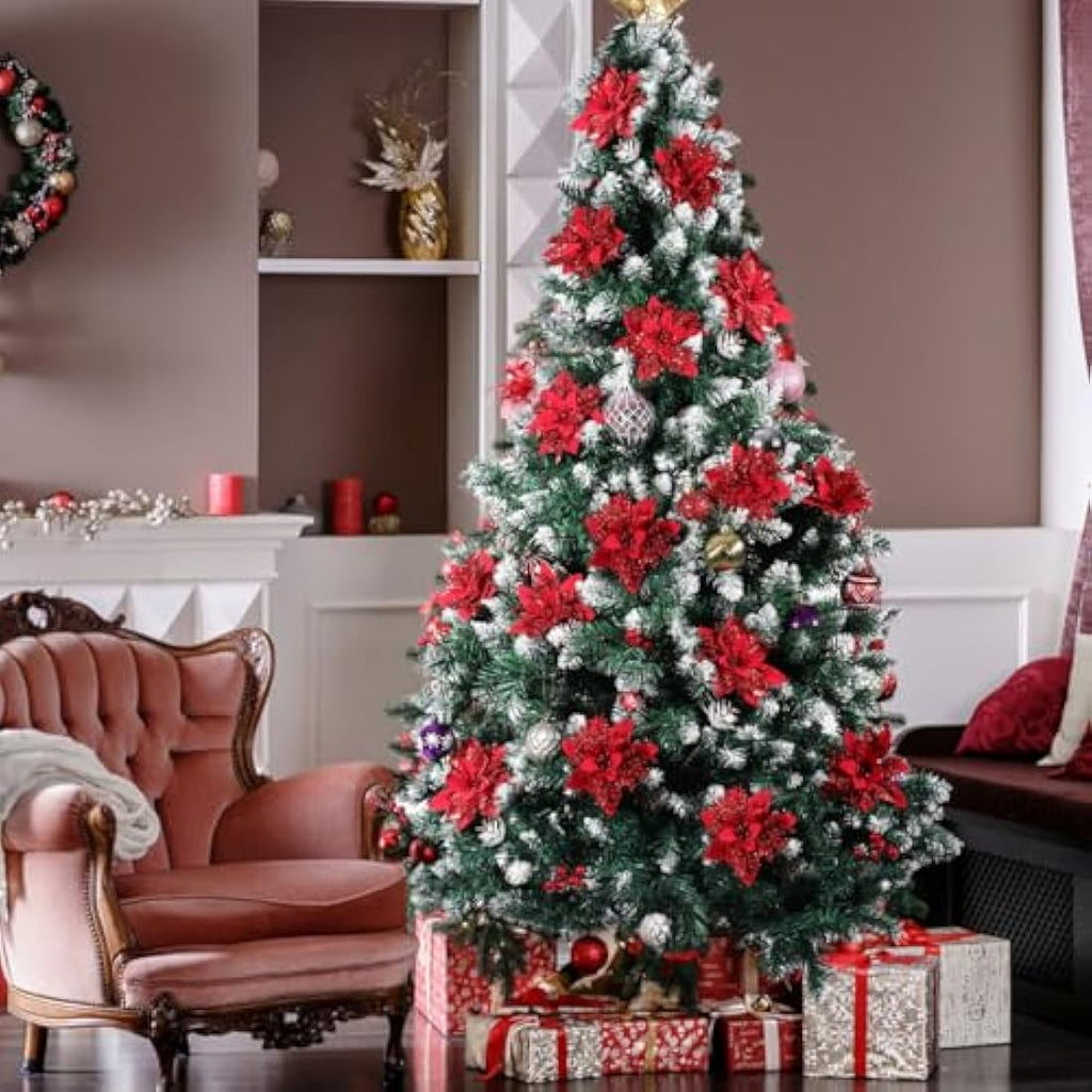 12 Pack Red Glitter Poinsettia Artificial Christmas Flowers