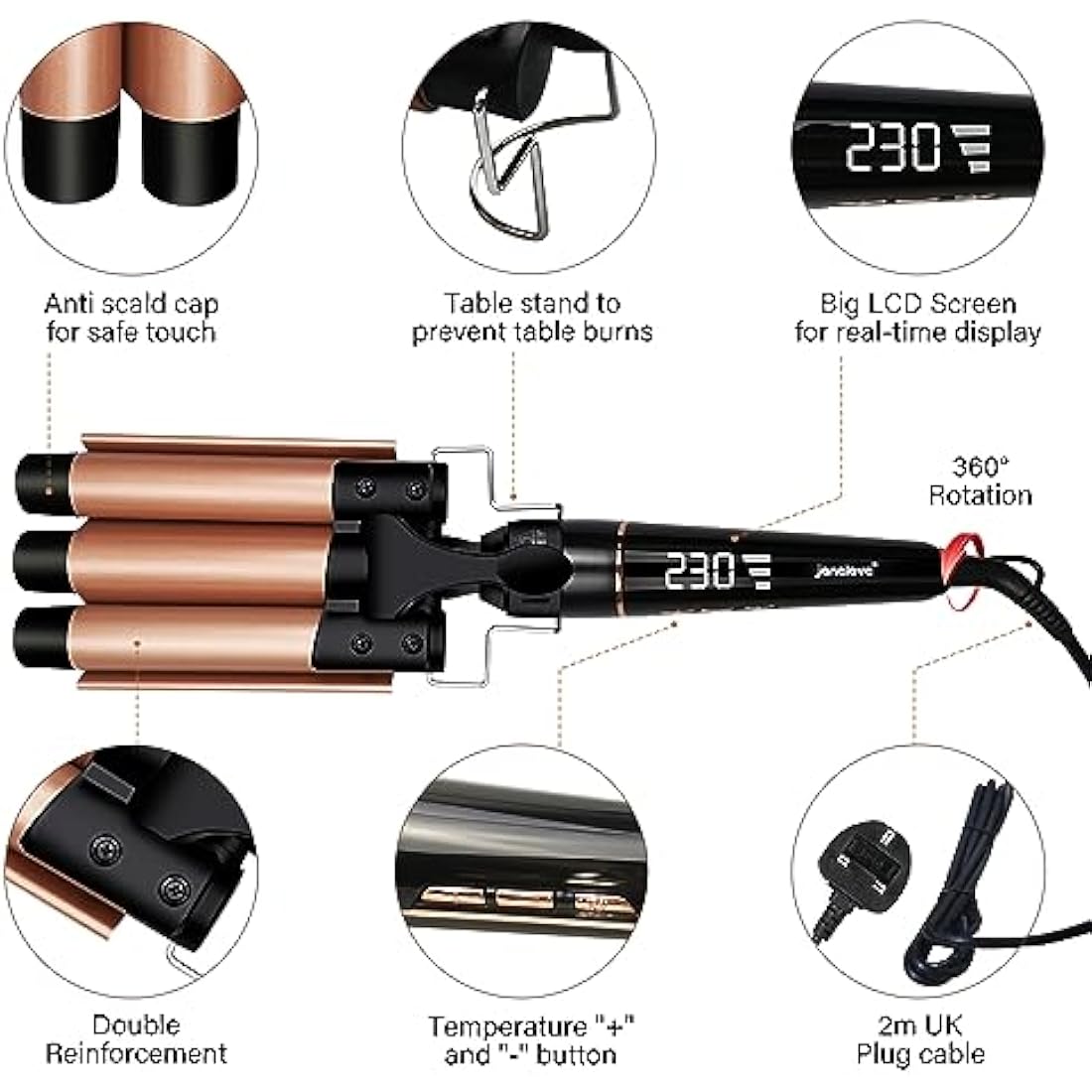 janelove 5-in-1 Hair Curler & 3 Barrel Hair Waver Set – Ceramic Gold