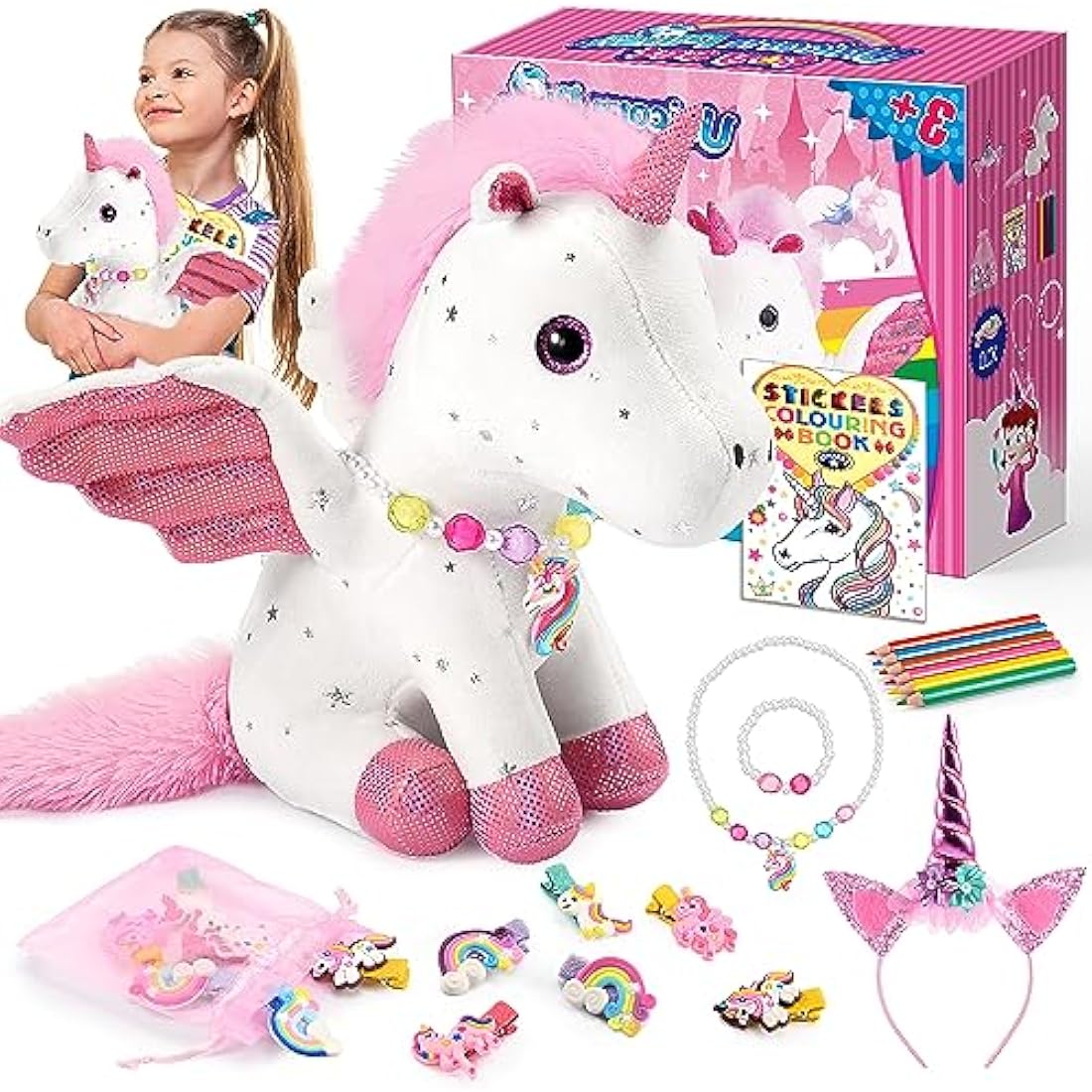 Unicorn Plush Toy Set with Coloring Book for Girls Age 3-8