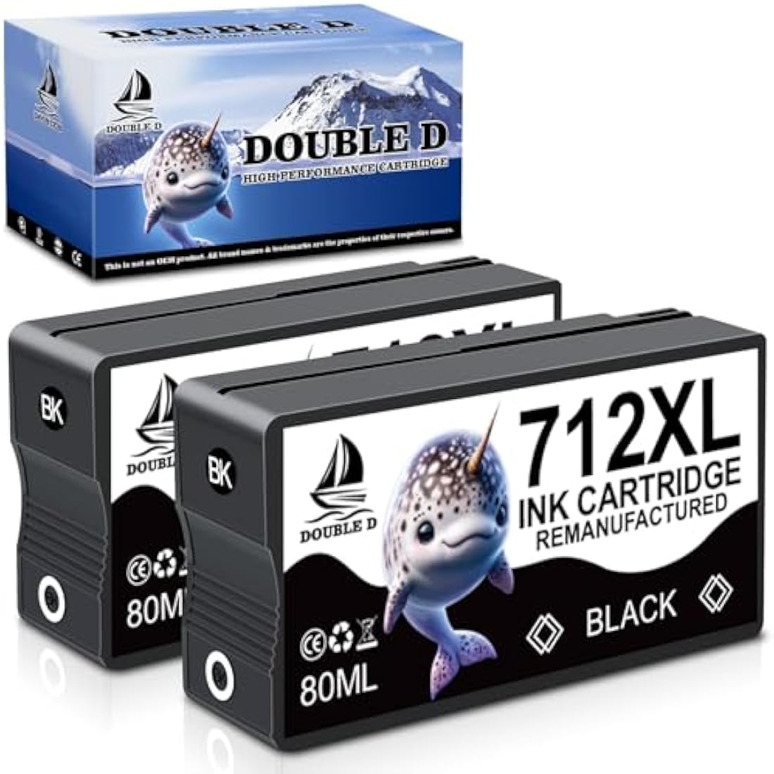 DOUBLE D 712XL High Yield Black Ink Cartridges for HP DesignJet T650 (2-Pack)
