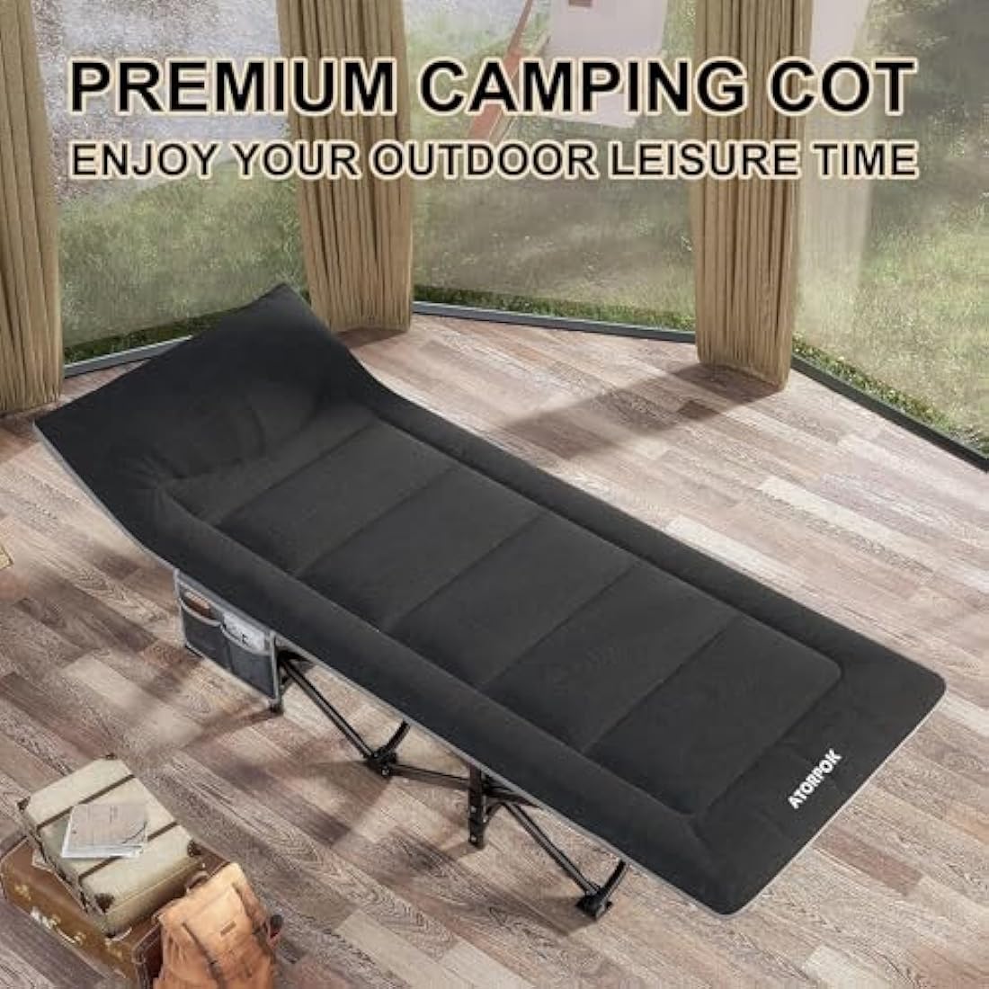 Heavy-Duty Camping Cot with Cushion and Pillow – Black