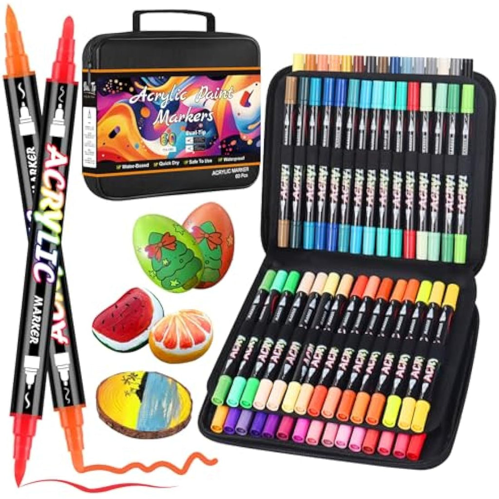 Sanyetral 60 Colors Dual-Tip Acrylic Paint Pens for Rock and Canvas Painting