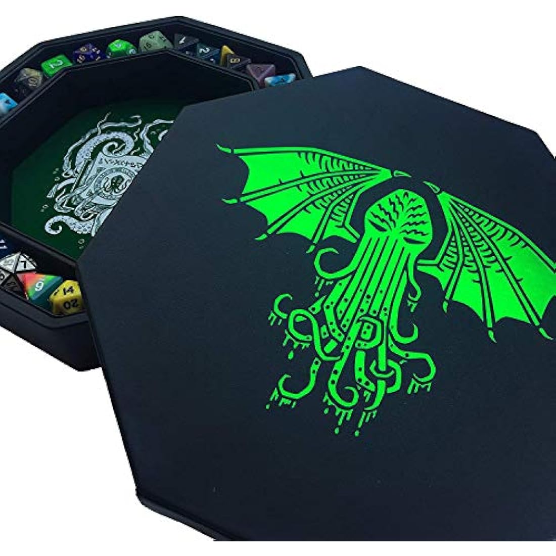 Fantasydice Cthulhu Tome Dice Tray – 8" Octagon Green Vegan Leather