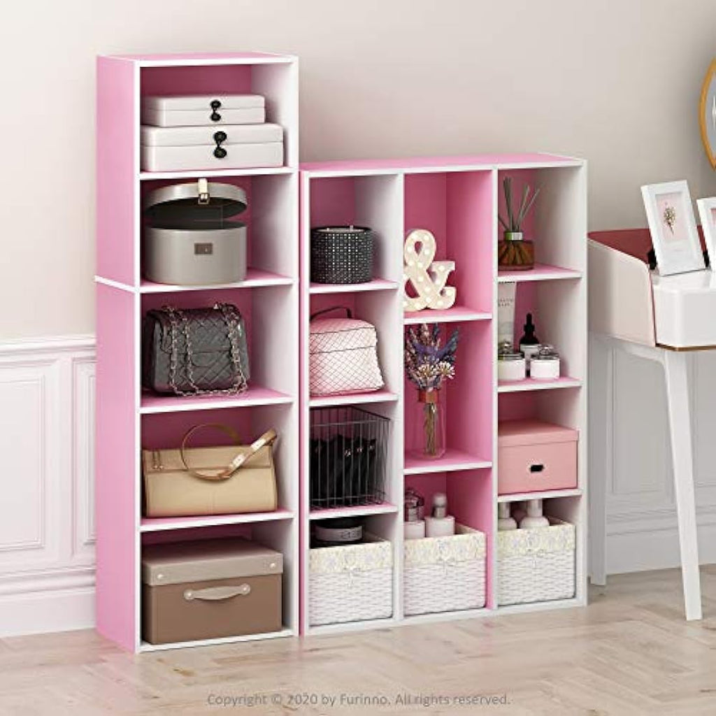 Furinno Luder 5-Tier Engineered Wood Open Shelf Bookcase, White/Pink