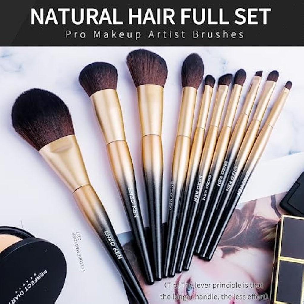 ENZO KEN Natural Sable Hair Makeup Brush Set | Professional 15pc Black Gold