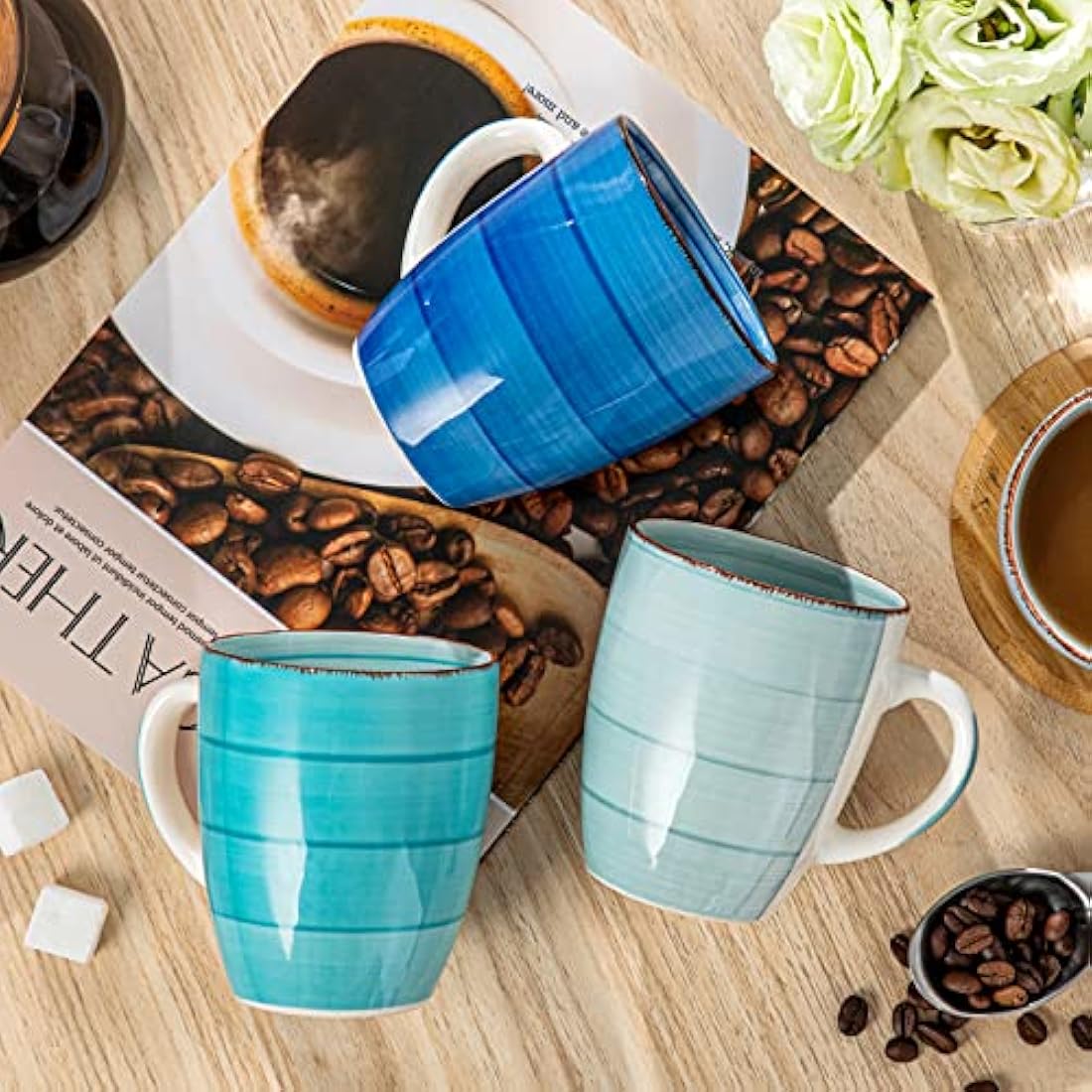 vancasso Bonita Stoneware Coffee Mugs Set of 6 – 360ml Blue Cups