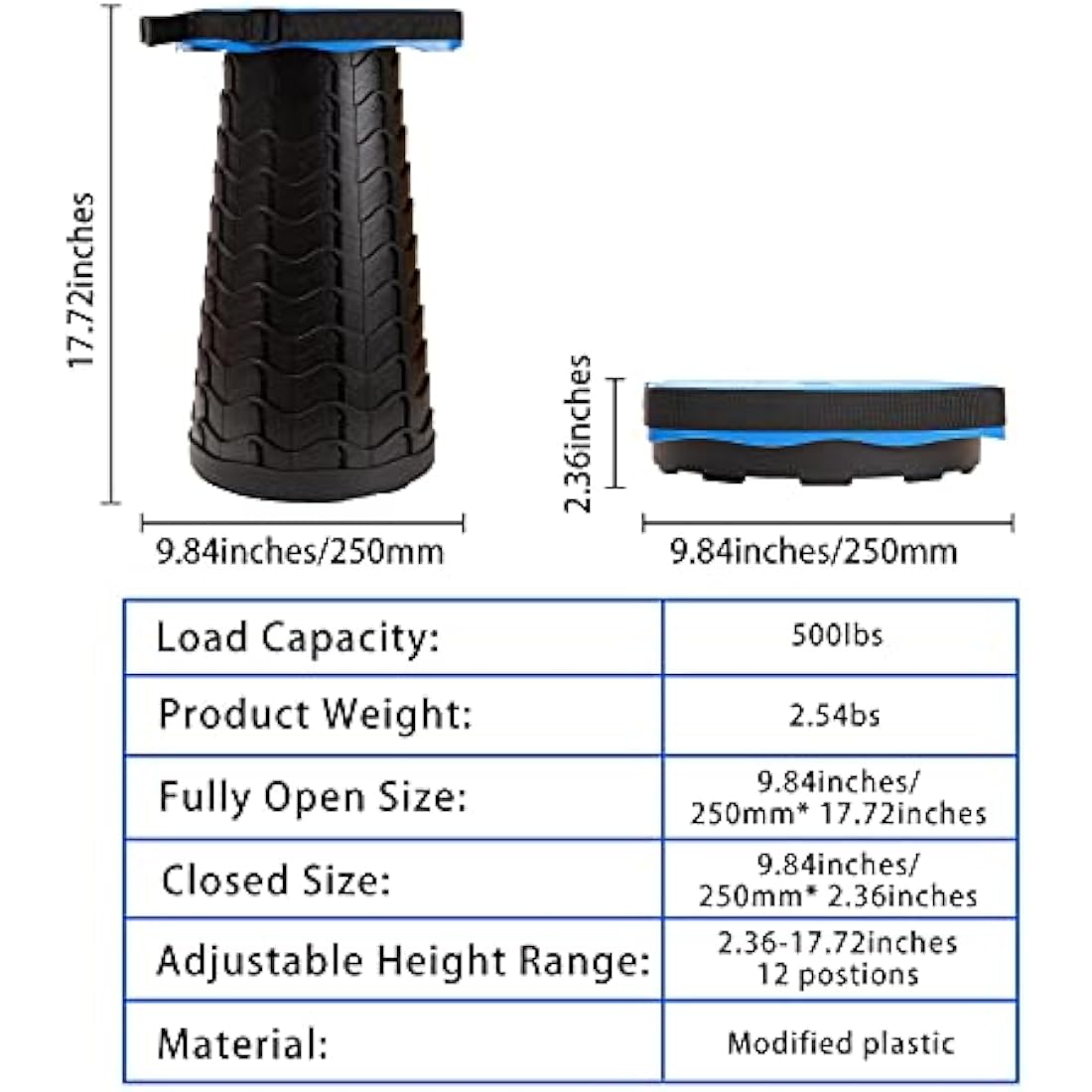FIEMACH Portable Telescopic Stool - Upgraded Square Folding Seat, Blue